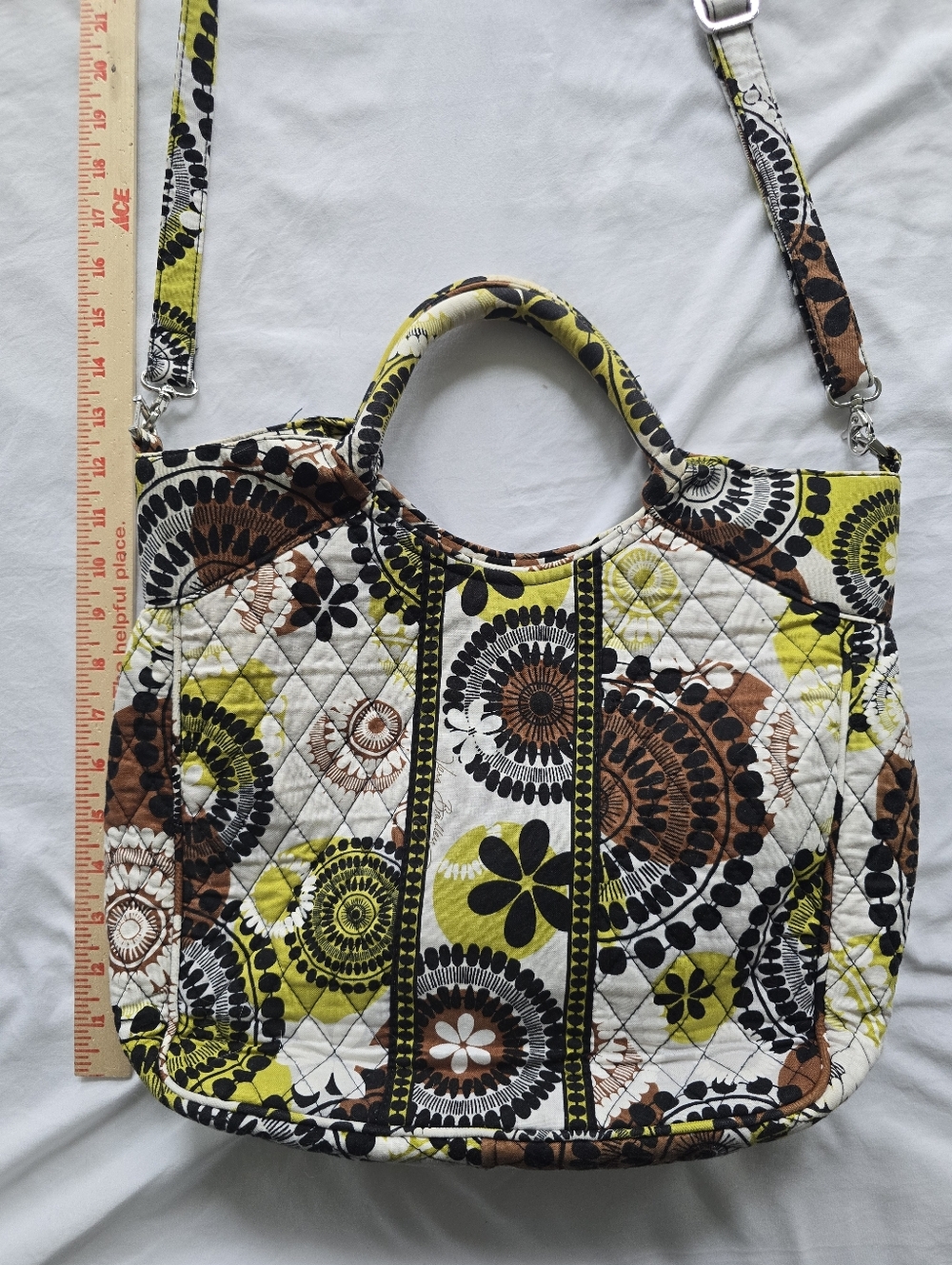 Vera Bradley Quilted Convertible Tote Crossbody Bag Lime Green Brown Black